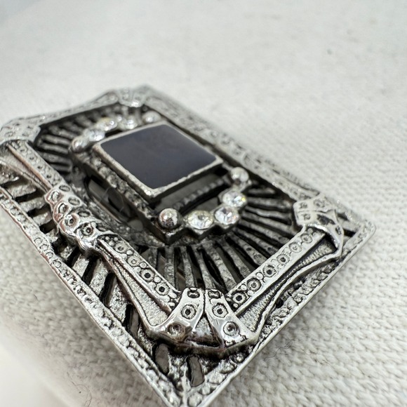 Art Deco Style Brooch Rhinestone Black Square Gem Silver Tone Filigree - Picture 8 of 10